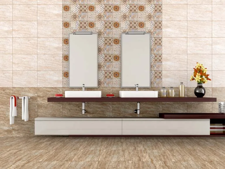 Brown wash basin design with wooden cabinets